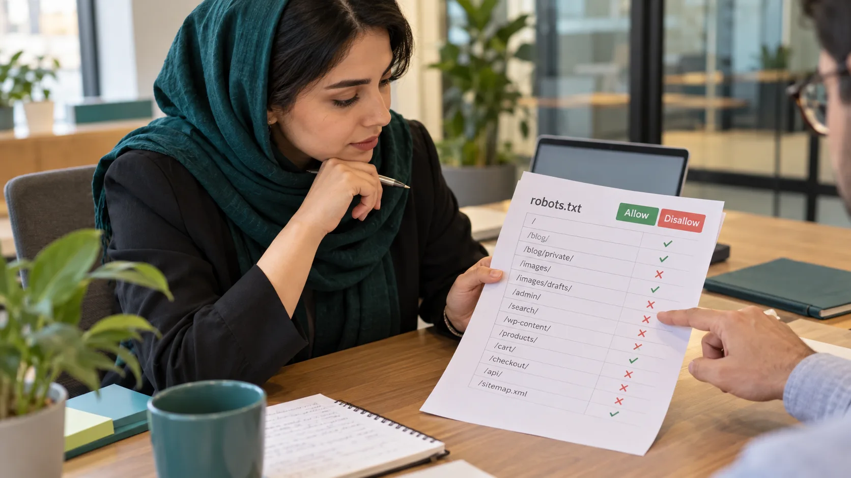 کارشناس سئو در دفتر، قواعد Allow و Disallow را روی برگه‌ی robots.txt بررسی می‌کند.